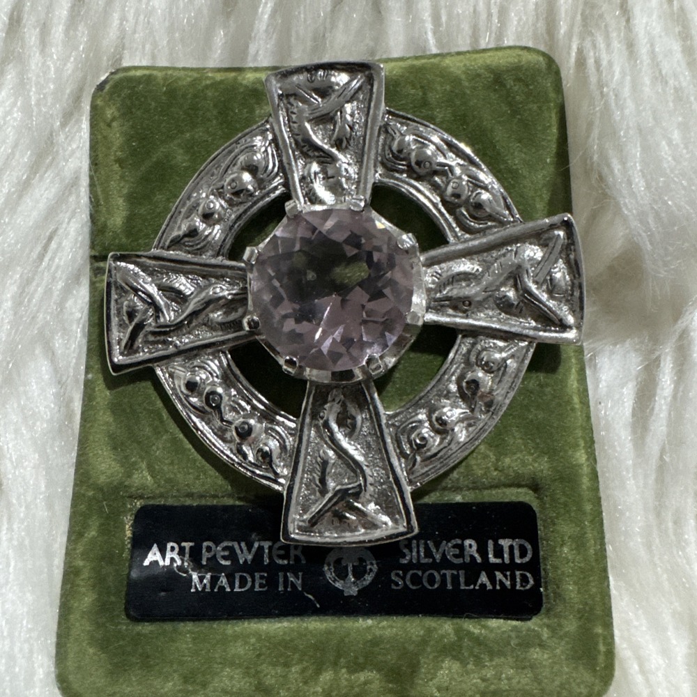 Art Pewter Silver Ltd Large Vintage Celtic Cross Brooch With Large Faux Amethyst